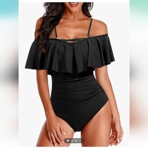 Black one piece flutter sleeve swim